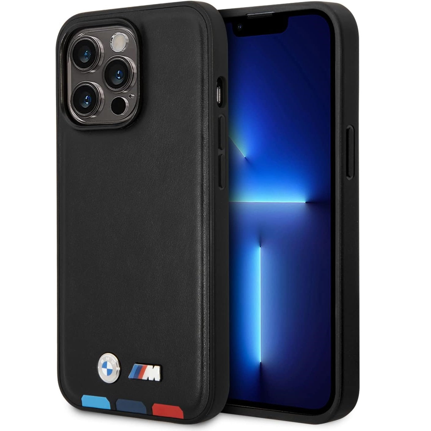 BMW Black with Tricolour Bottom Lines PU Leather M Collection Case - For iPhone 14 Pro Max - mosaccessories